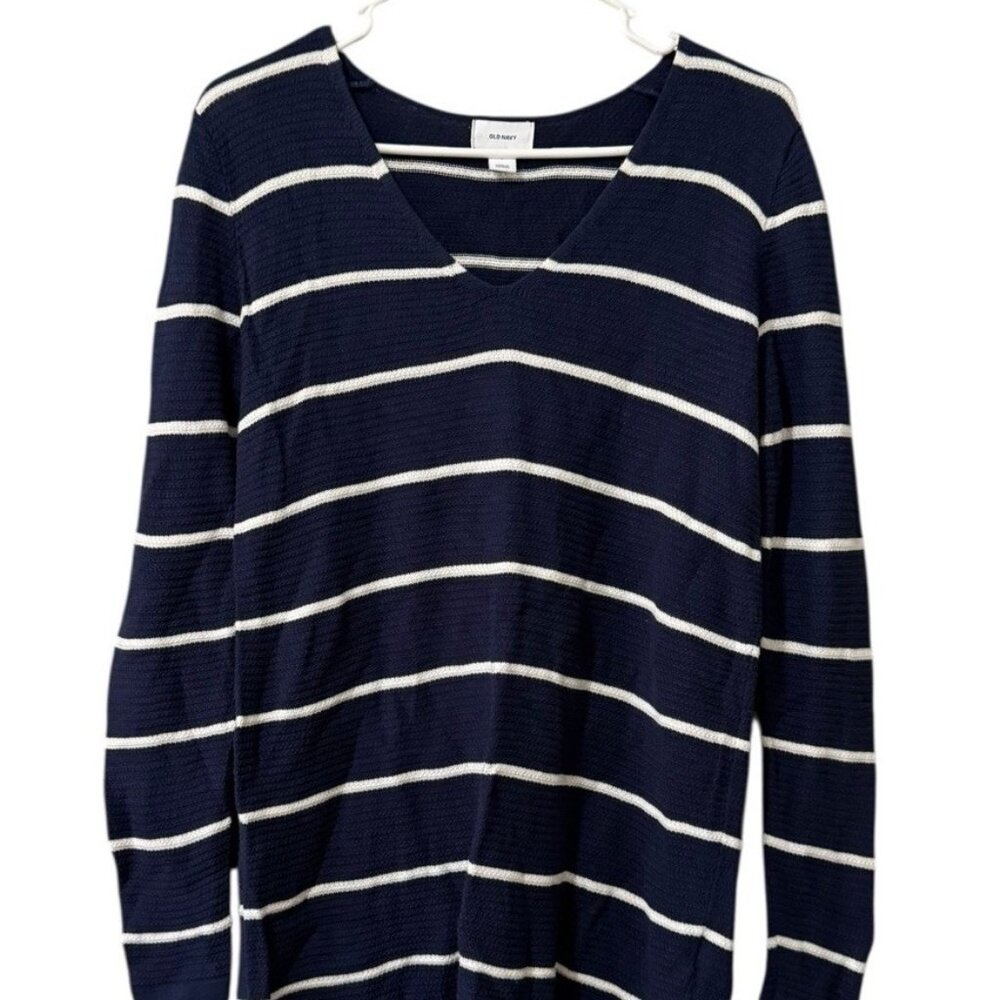 Old Navy Women Size Small Lightweight Tunic Sweater V Neck Blue Striped Comfort